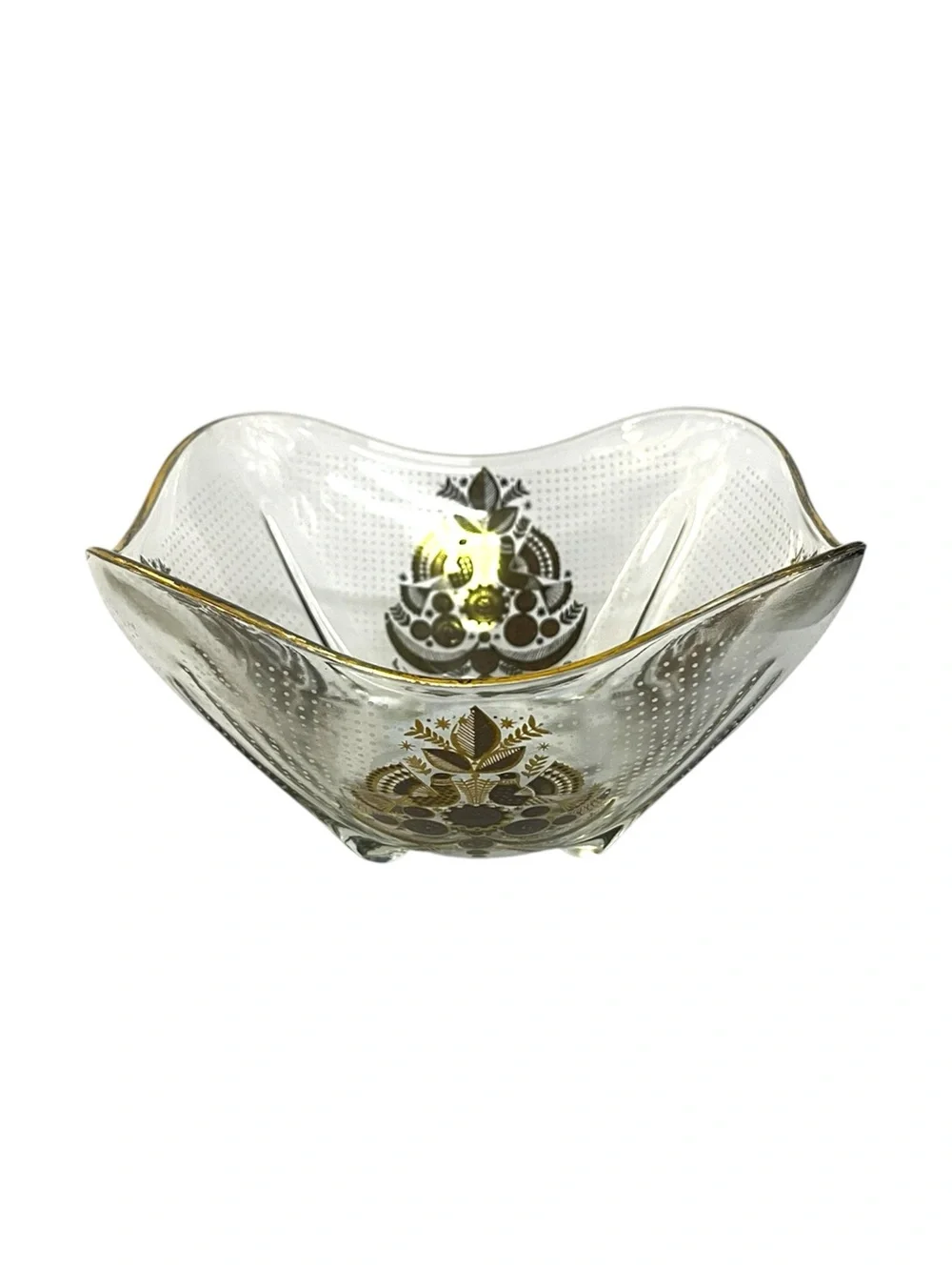 Vtg Georges Briard Sonata Glass Bowl MCM 22k Gold White Bird Folk Art Signed 7”